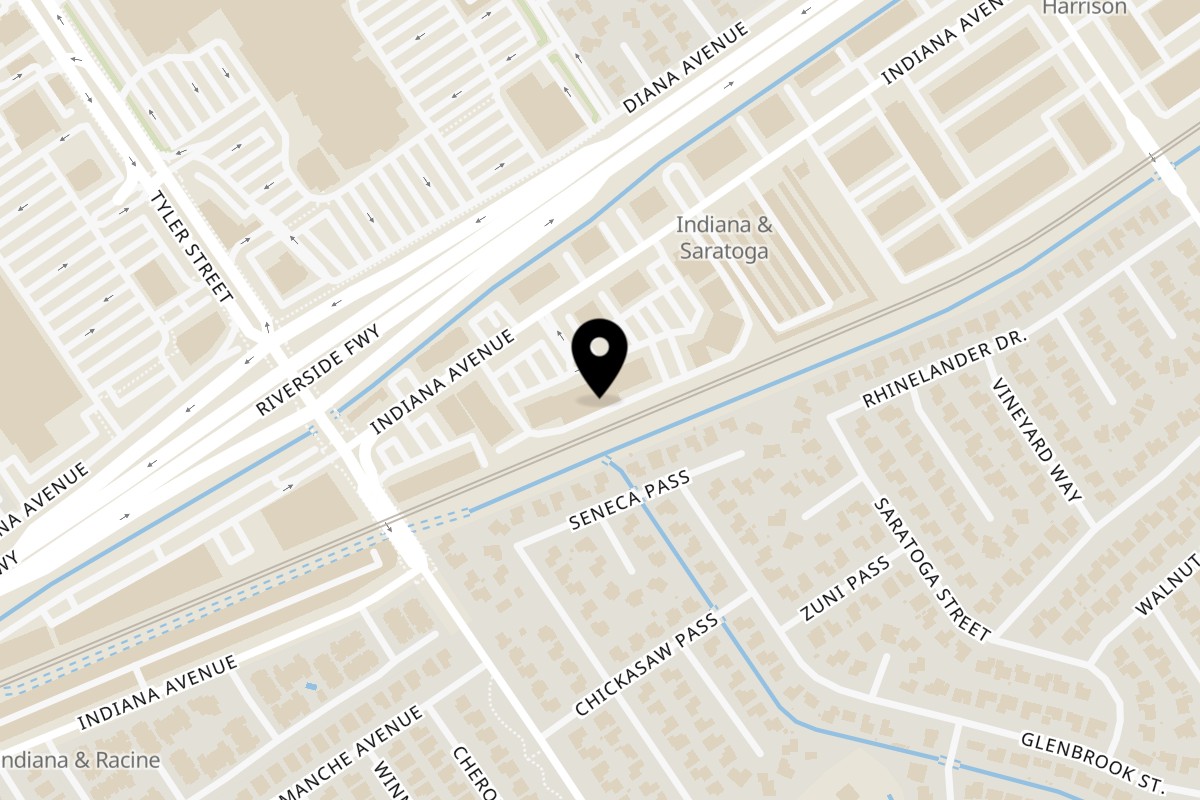 Map showing the location of Enzo's Pizza on 10170 Indiana Ave in Riverside